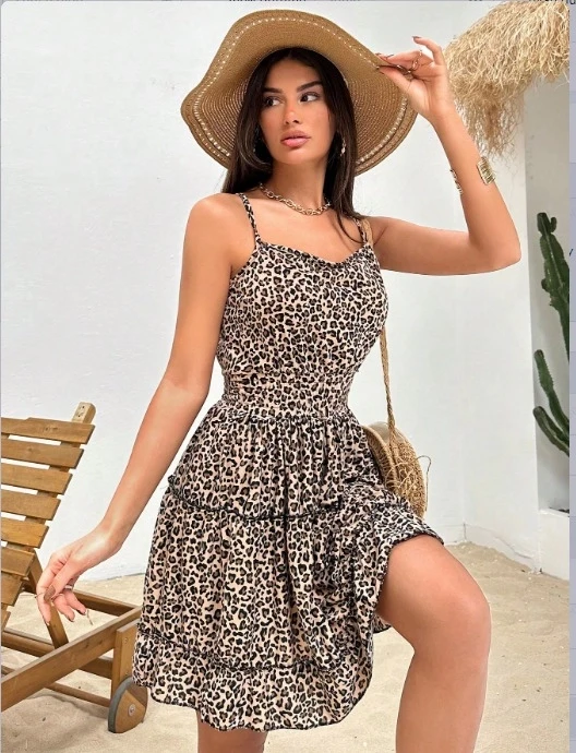 Beli Pileli Leopar Desen Eteği Fırfırlı Süprem Elbise