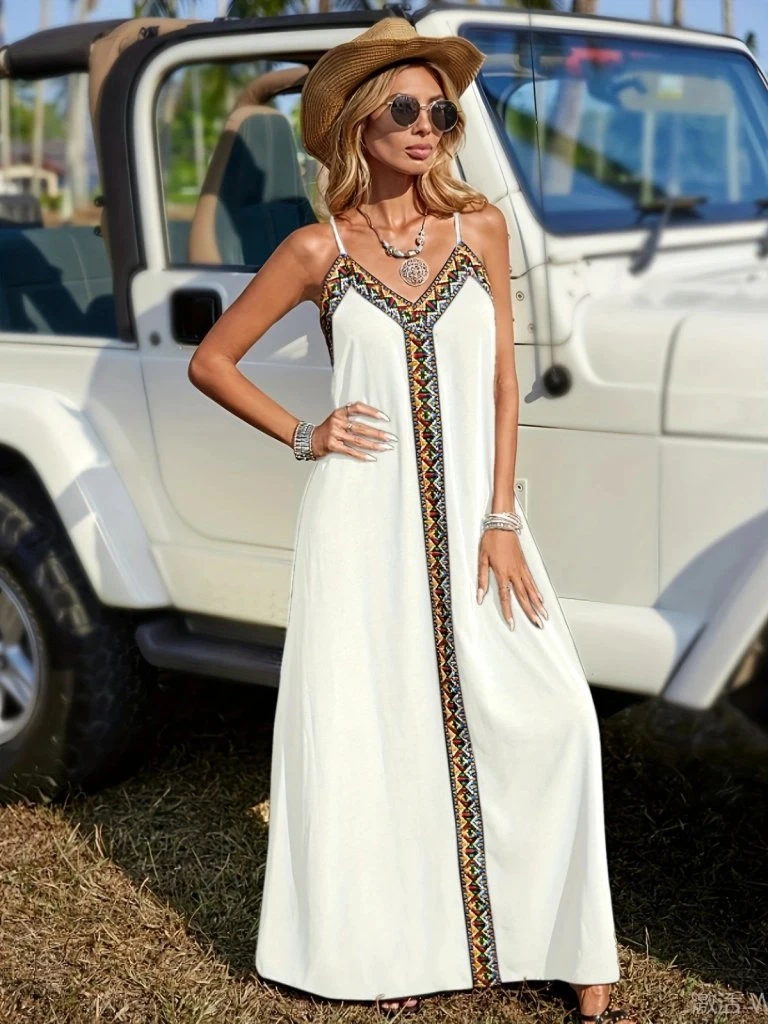 Askılı V Yakalı Etnik şerit Detaylı Uzun Viskon Elbise