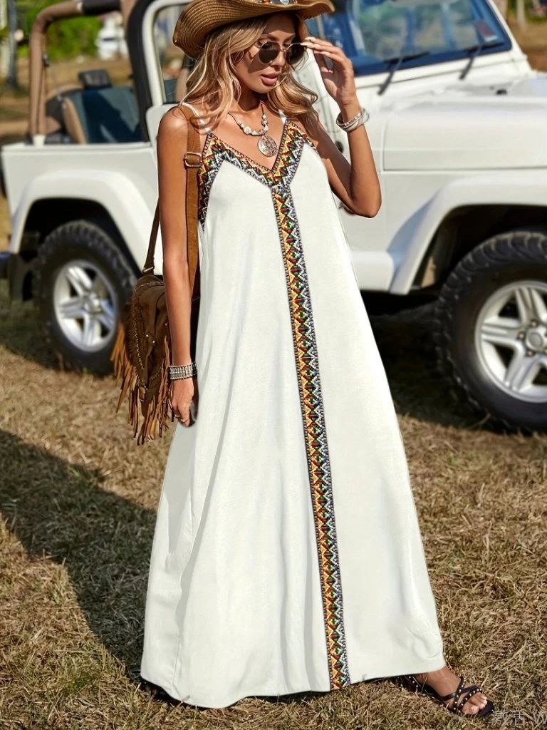 Askılı V Yakalı Etnik şerit Detaylı Uzun Viskon Elbise