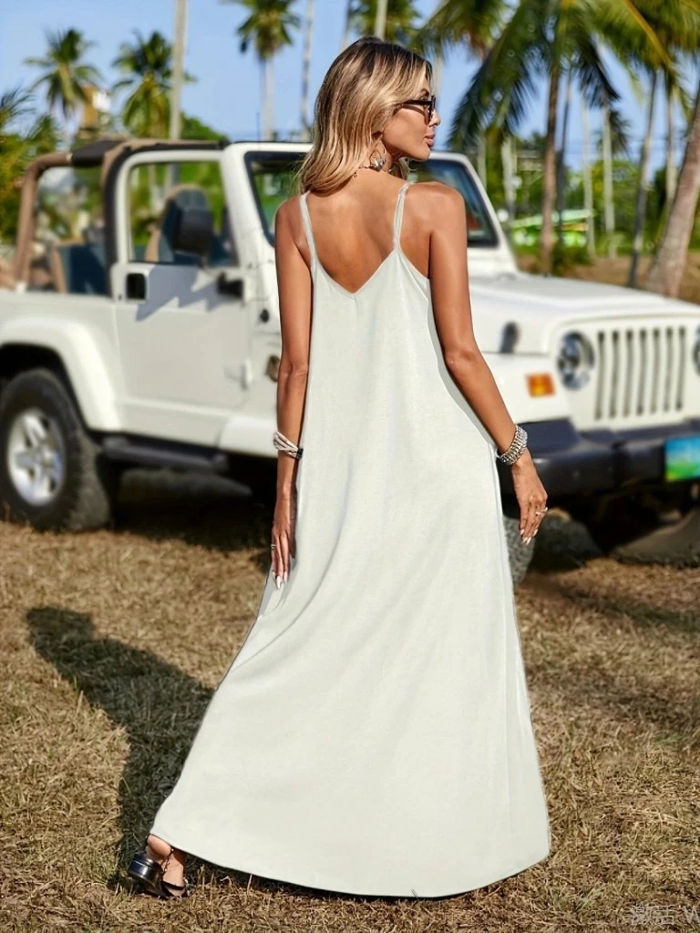 Askılı V Yakalı Etnik şerit Detaylı Uzun Viskon Elbise