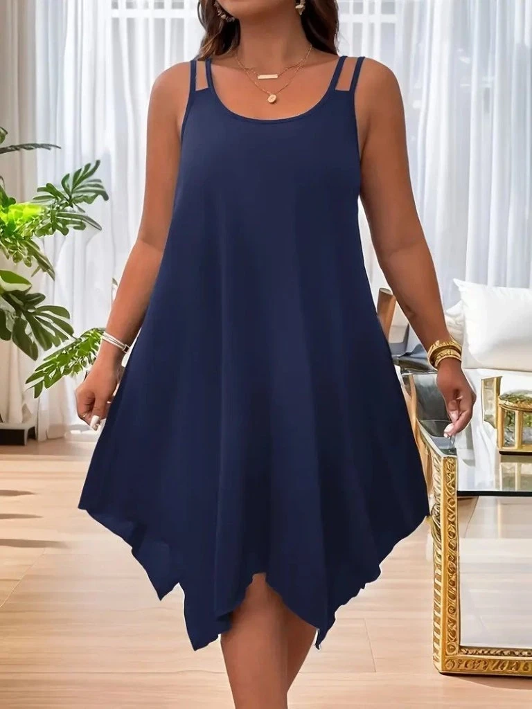 Askılı Yuvarlak Asimetrik Kesim Detaylı Viskon Elbise