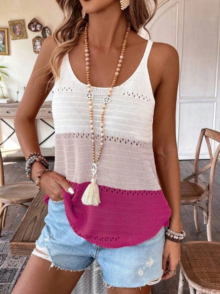 Askılı Yuvarlak Yaka çift Renkli Triko Bluz