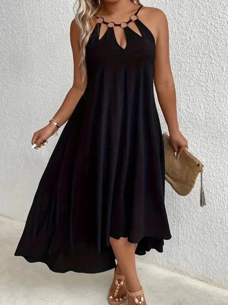 Boyundan Askılı Damla Detaylı Halkalı Asimetrik Kesim Viskon Elbise