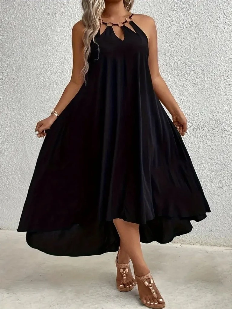 Boyundan Askılı Damla Detaylı Halkalı Asimetrik Kesim Viskon Elbise