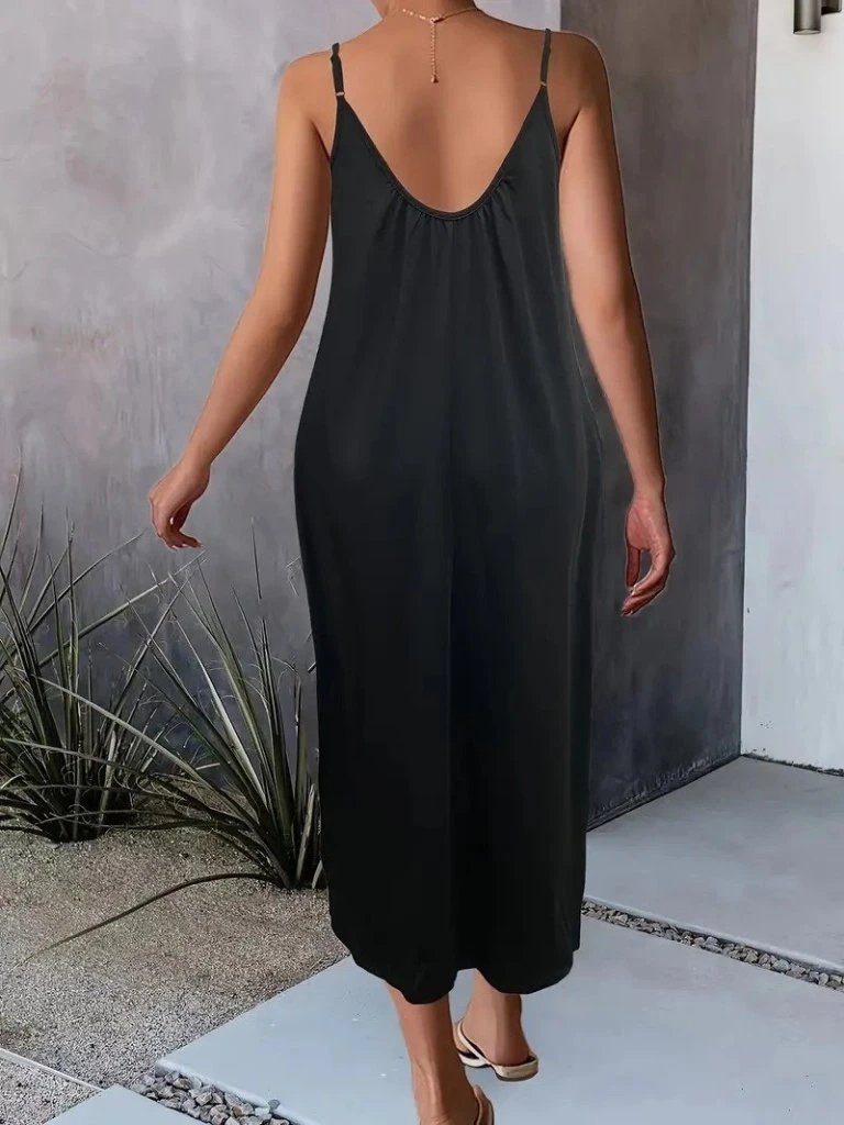 Kadın Ip Askılı Geniş V Yakalı Cepli Viskon Elbise