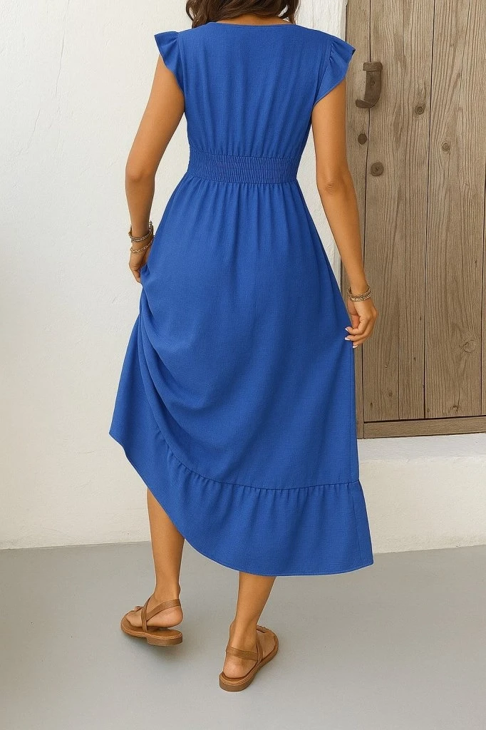 Kelebek Kollu Kruvaze Yakalı Beli Lastikli Elbise