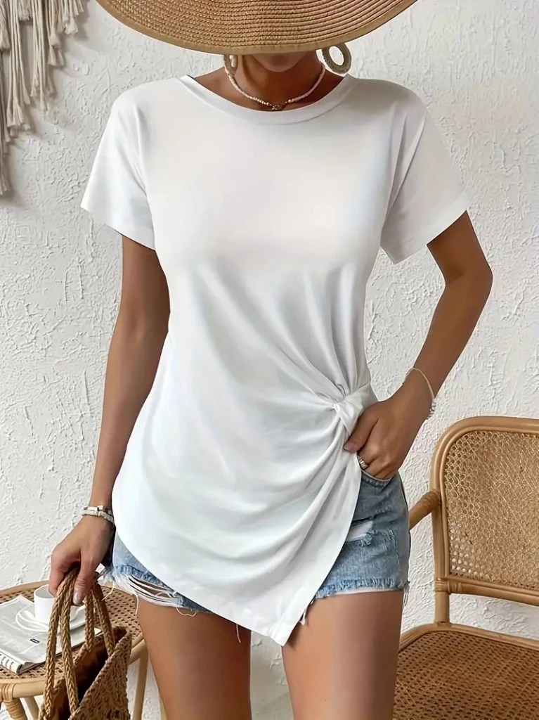 Kısa Kollu Asimetrik Kesim Bel Büzgü Düğüm Detay Viskon Bluz