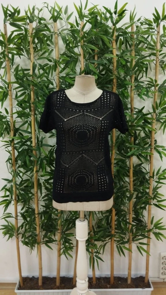 Kısa Kollu Bisiklet Yaka Desenli Triko Bluz