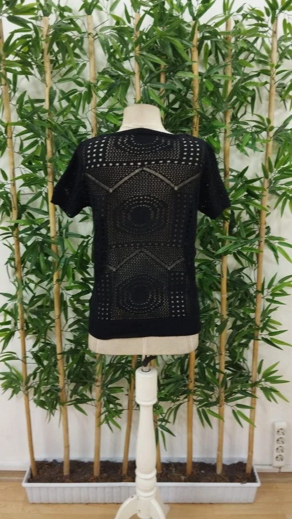 Kısa Kollu Bisiklet Yaka Desenli Triko Bluz