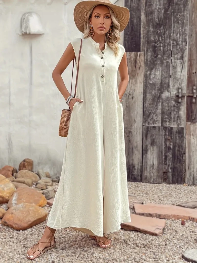 Kısa Kollu Düğmeli Paçaya Doğru Geniş Cepli Uzun Bürümcük Tulum