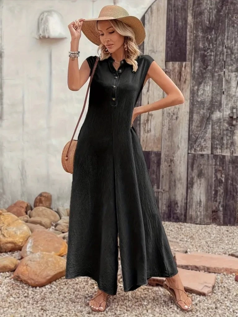 Kısa Kollu Düğmeli Paçaya Doğru Geniş Cepli Uzun Bürümcük Tulum