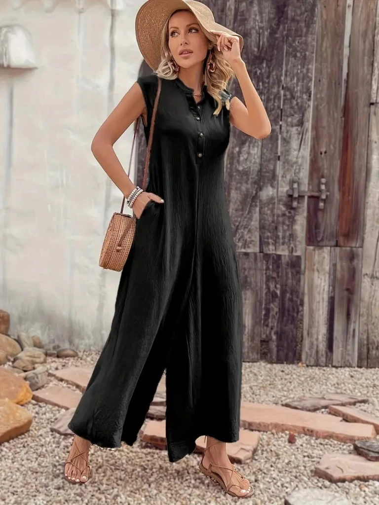 Kısa Kollu Düğmeli Paçaya Doğru Geniş Cepli Uzun Bürümcük Tulum