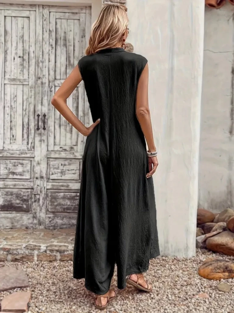 Kısa Kollu Düğmeli Paçaya Doğru Geniş Cepli Uzun Bürümcük Tulum