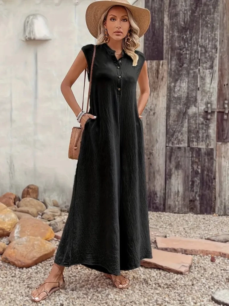 Kısa Kollu Düğmeli Paçaya Doğru Geniş Cepli Uzun Bürümcük Tulum