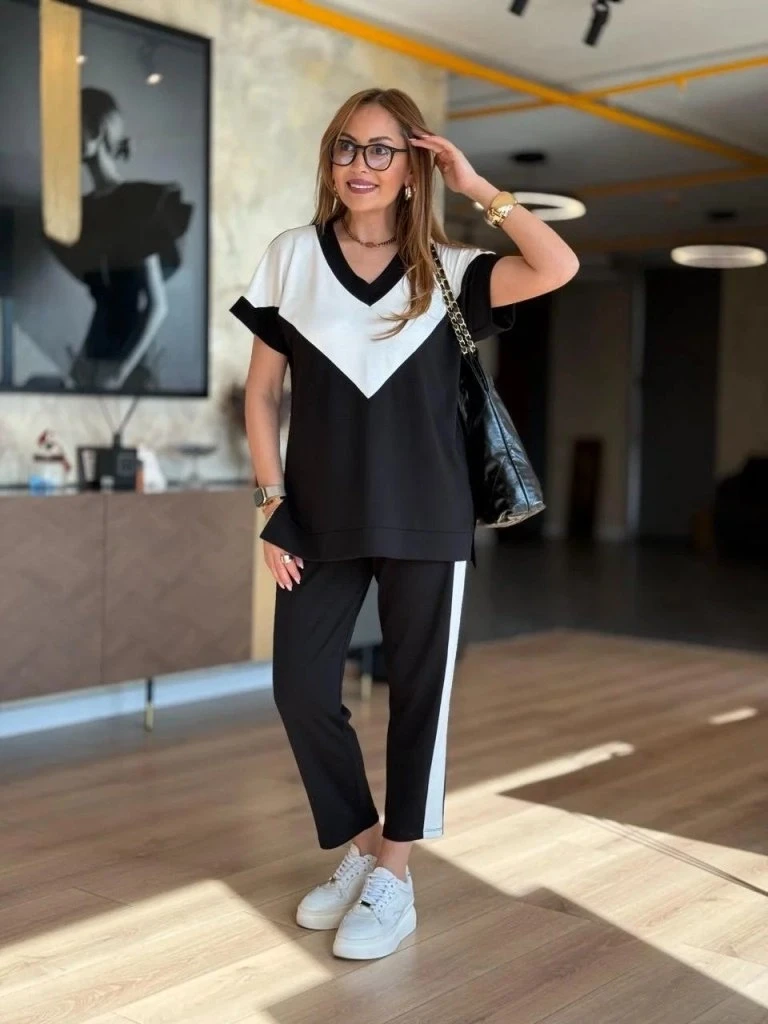 Kısa Kollu Bloklu Viskon İki İplik Bluz Ve Pantolon Takım