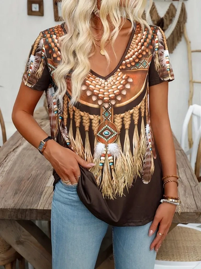 Kısa Kollu V Yakalı Salaş Desenli Suprem Bluz