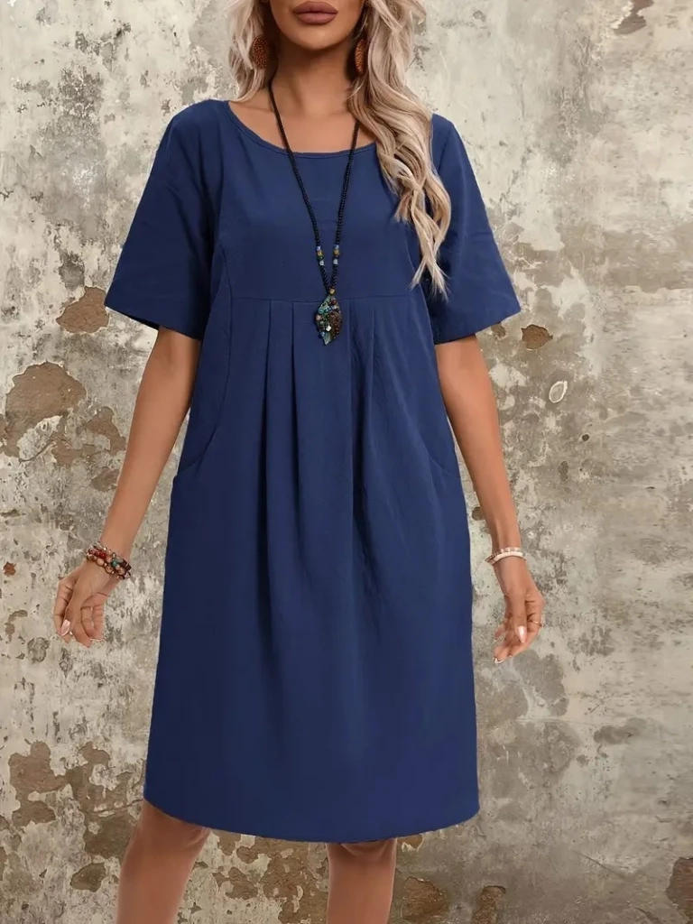 Kısa Kollu Büzgülü Cep Detaylı Viskon İki İplik Elbise