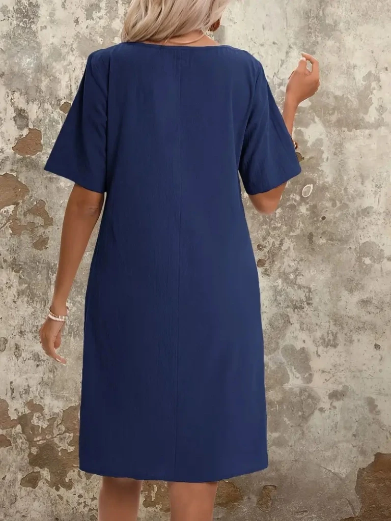 Kısa Kollu Büzgülü Cep Detaylı Viskon İki İplik Elbise