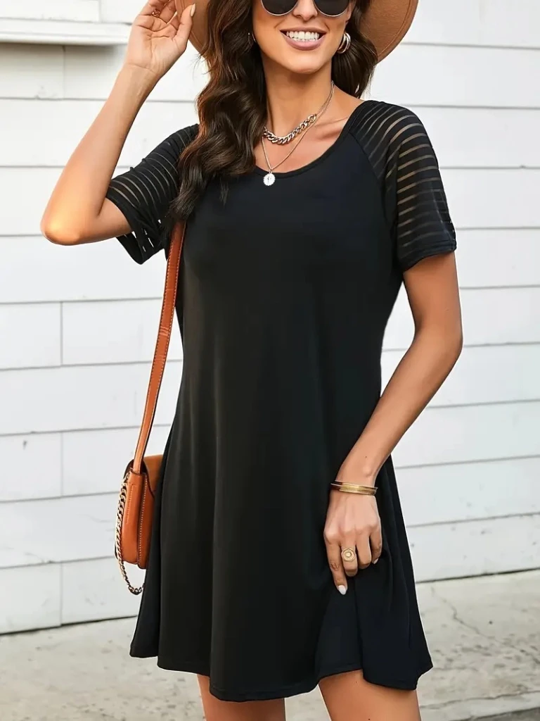 Yuvarlak Yaka Şerit Kol Detaylı Viskon Elbise