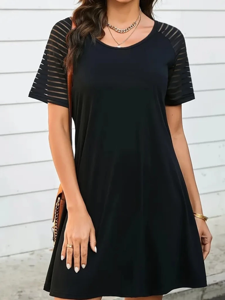 Yuvarlak Yaka Şerit Kol Detaylı Viskon Elbise