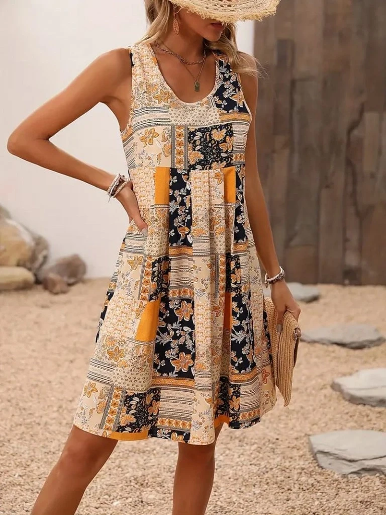 Sıfır Kol Yuvarlak Yaka çiçek Desenli Süprem Elbise