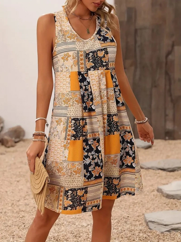 Sıfır Kol Yuvarlak Yaka çiçek Desenli Süprem Elbise