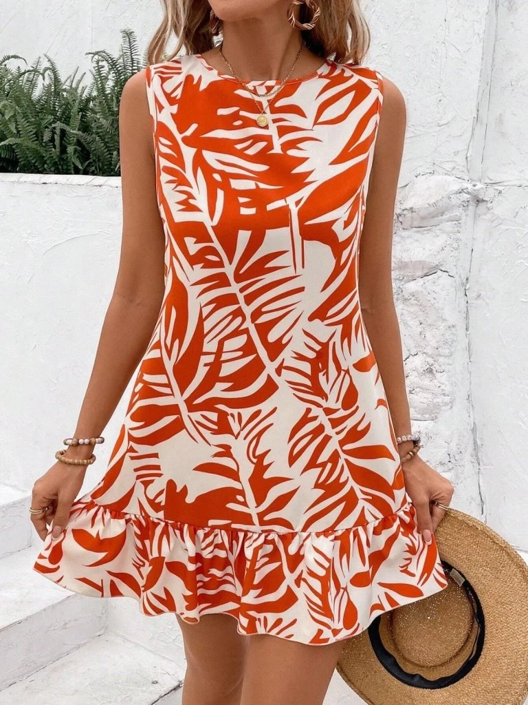 Sıfır Kollu Bisiklet Yakalı Desenli Sofya Elbise