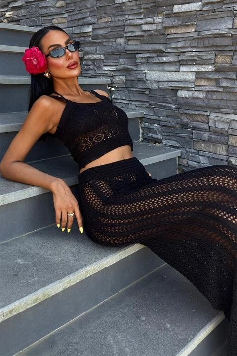 Kayla Dantel Desenli Crop Takım Siyah