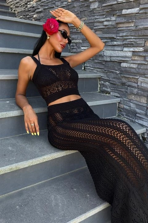 Kayla Dantel Desenli Crop Takım Siyah