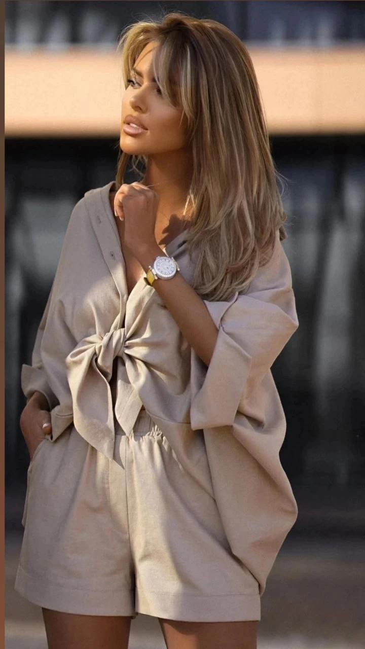 Keten Arkası Uzun Salaş Gömlek Şort Takım Bej