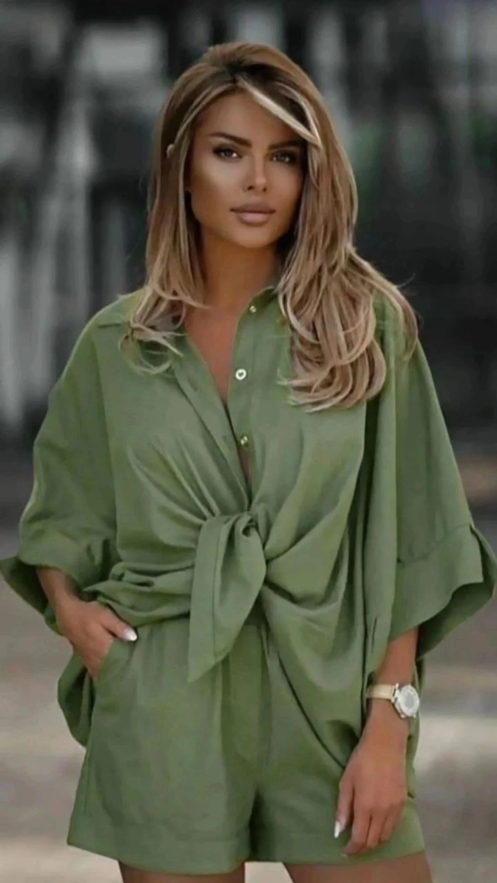 Keten Arkası Uzun Salaş Gömlek Şort Takım Haki