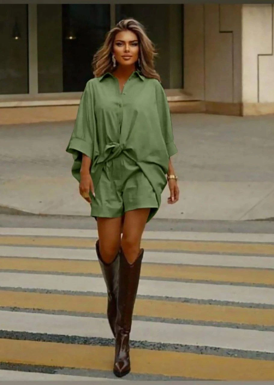 Keten Arkası Uzun Salaş Gömlek Şort Takım Haki