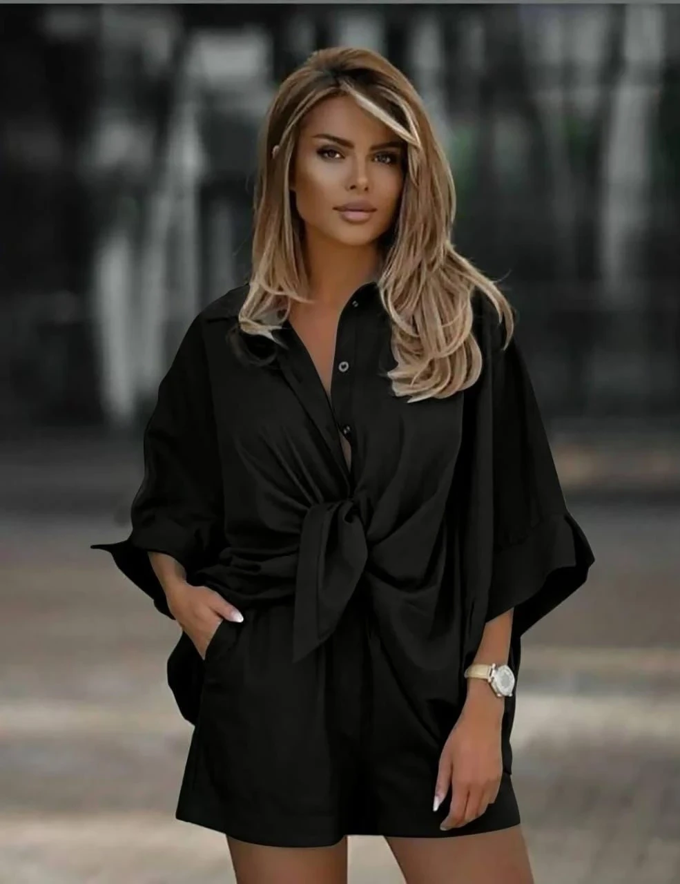 Keten Arkası Uzun Salaş Gömlek Şort Takım Siyah