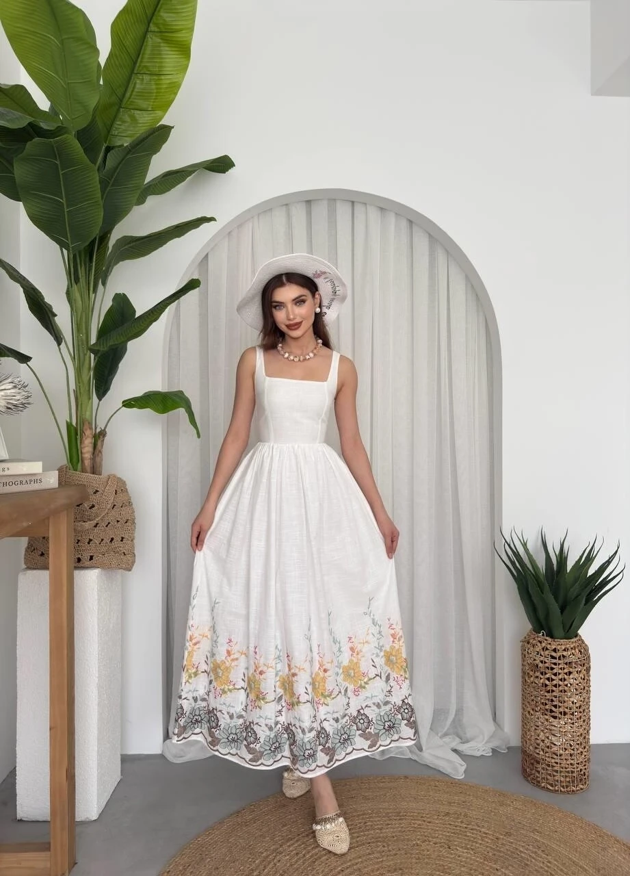 Keten Çiçek Desenli Elbise