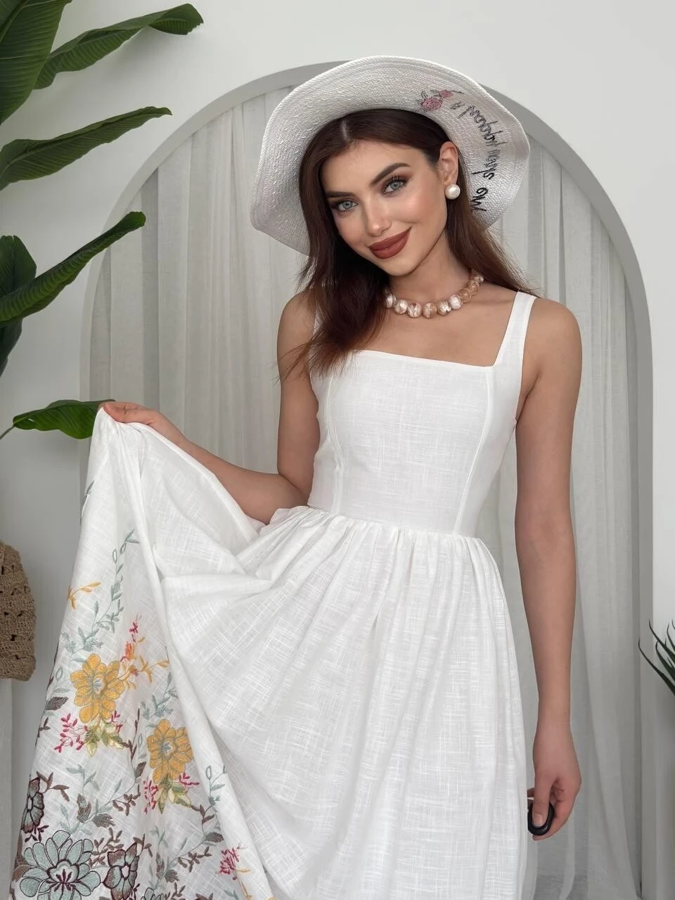 Keten Çiçek Desenli Elbise