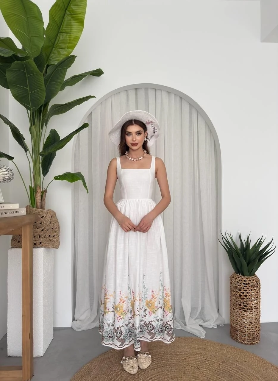 Keten Çiçek Desenli Elbise