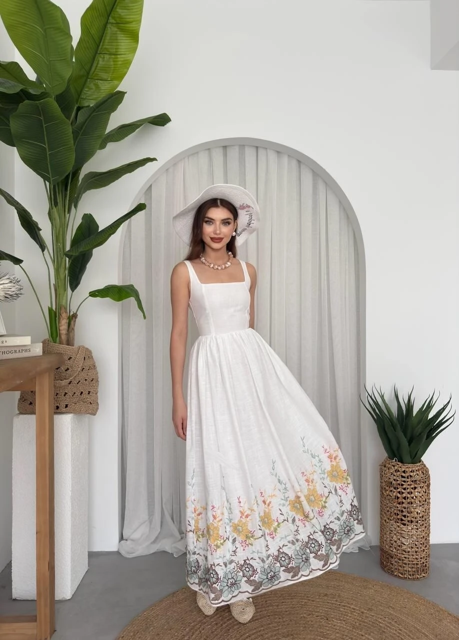 Keten Çiçek Desenli Elbise