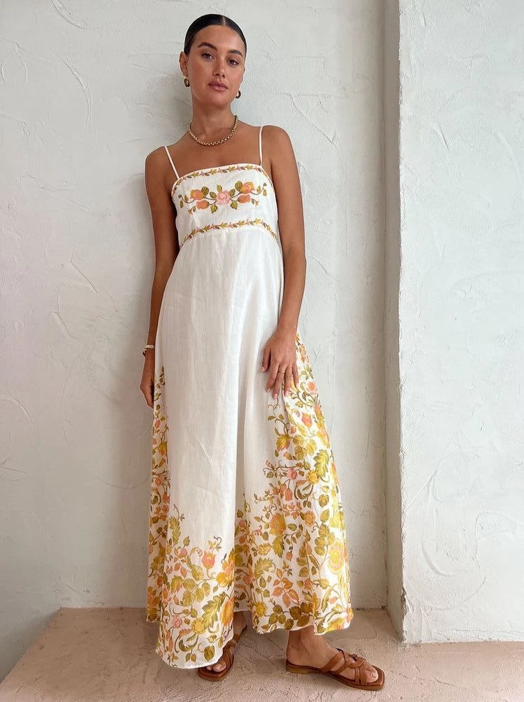 Keten Kumaş Çiçek Desenli Elbise