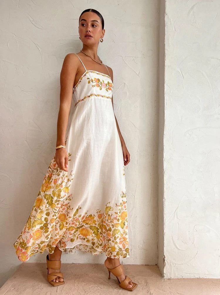 Keten Kumaş Çiçek Desenli Elbise