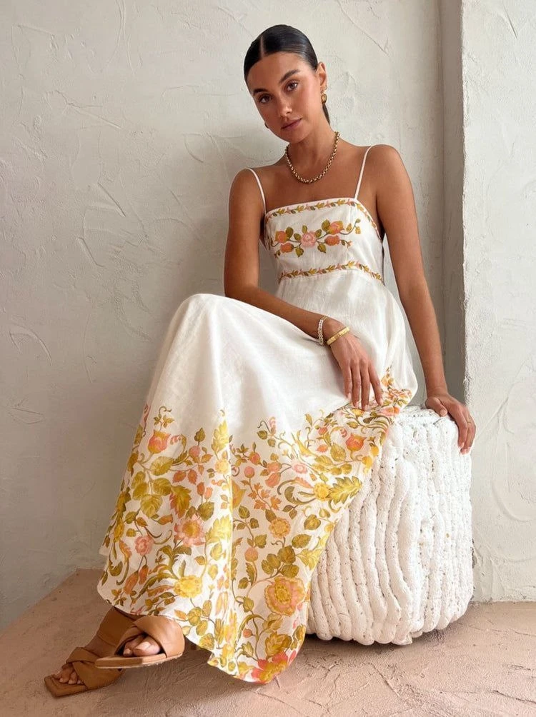 Keten Kumaş Çiçek Desenli Elbise