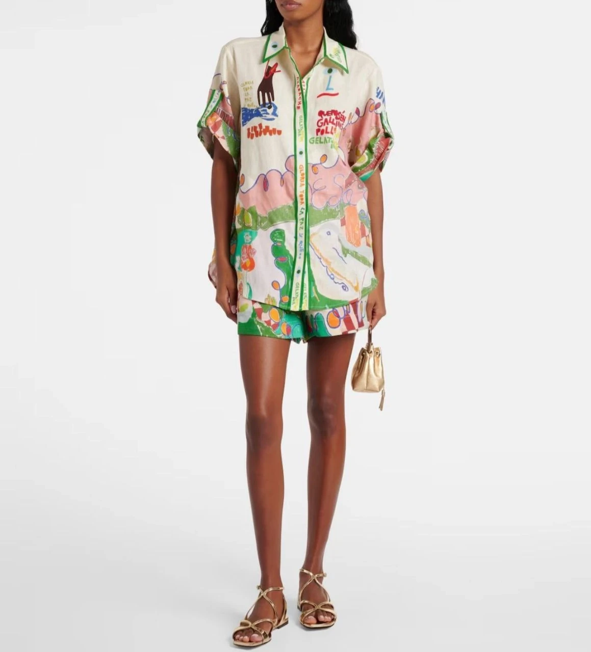 Keten Kumaş Desenli Şortlu Takım Yeşil