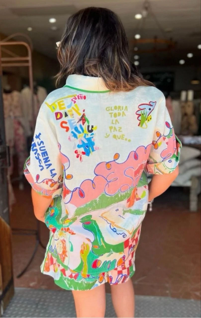 Keten Kumaş Desenli Şortlu Takım Yeşil