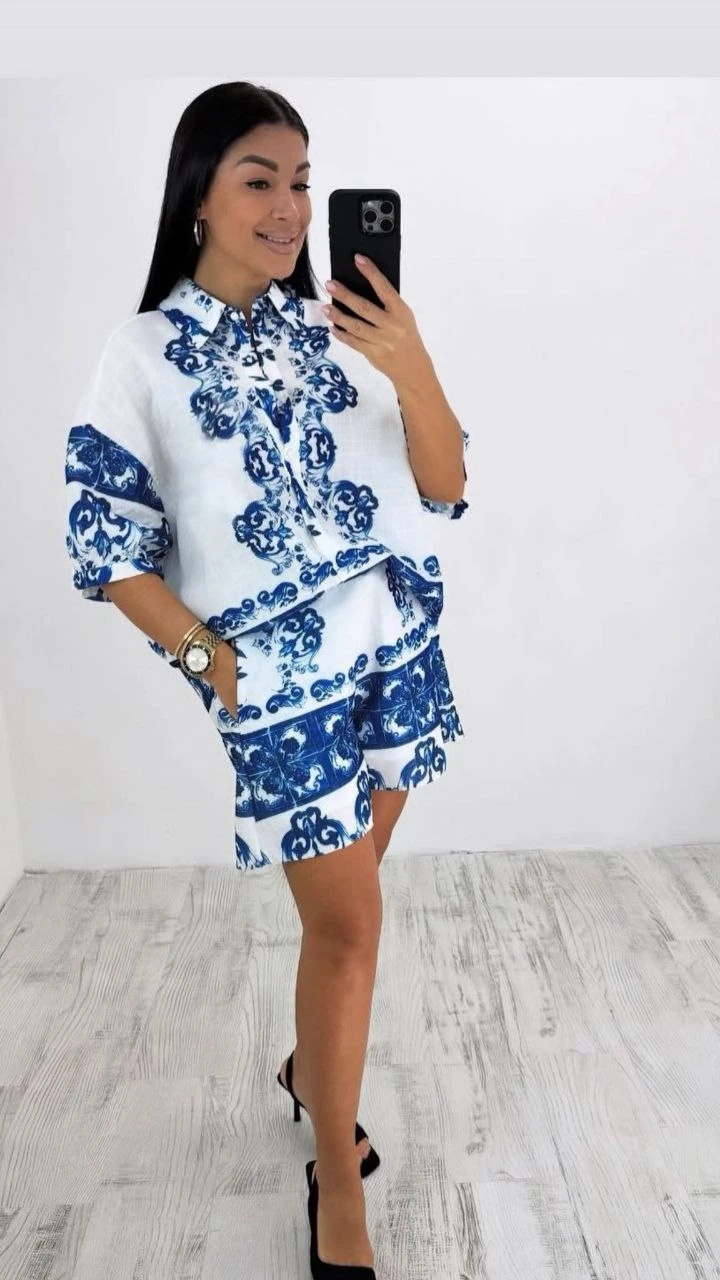 Keten Kumaş Mavi Desenli Alt Üst Takım