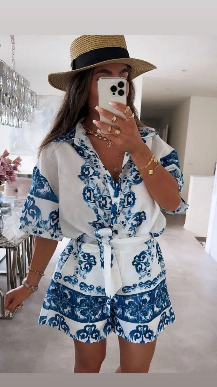 Keten Kumaş Mavi Desenli Alt Üst Takım