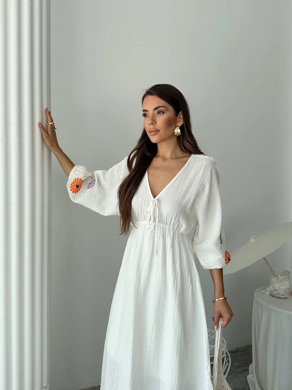 Kol Nakış Detay Müslin Elbise