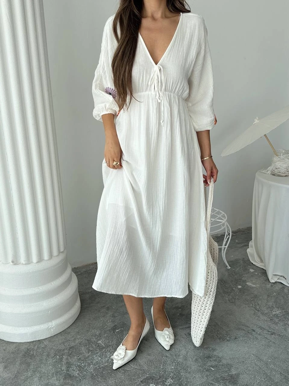 Kol Nakış Detay Müslin Elbise