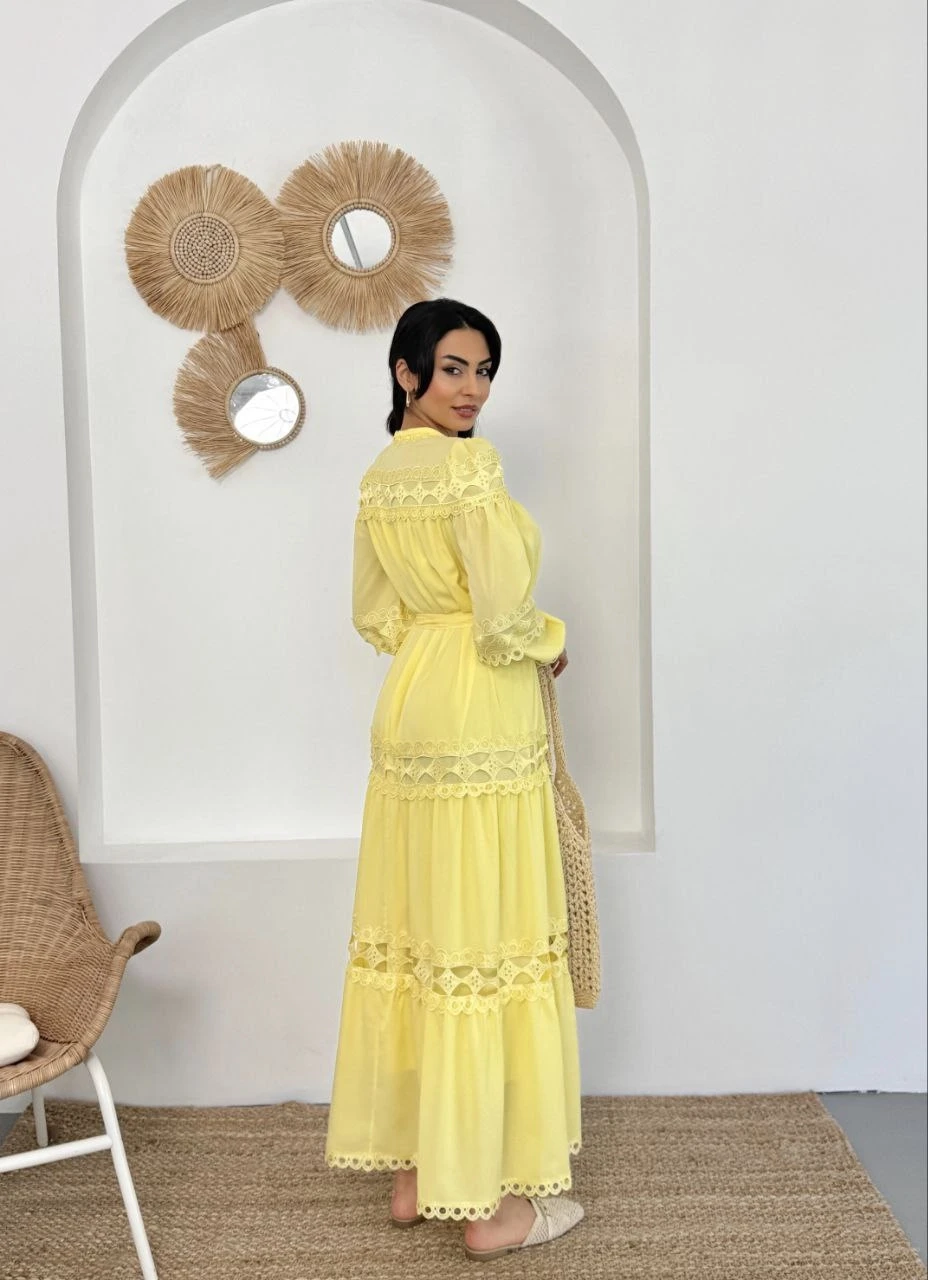 Krep Kumaş Dantel Detay Astarlı Elbise Sarı