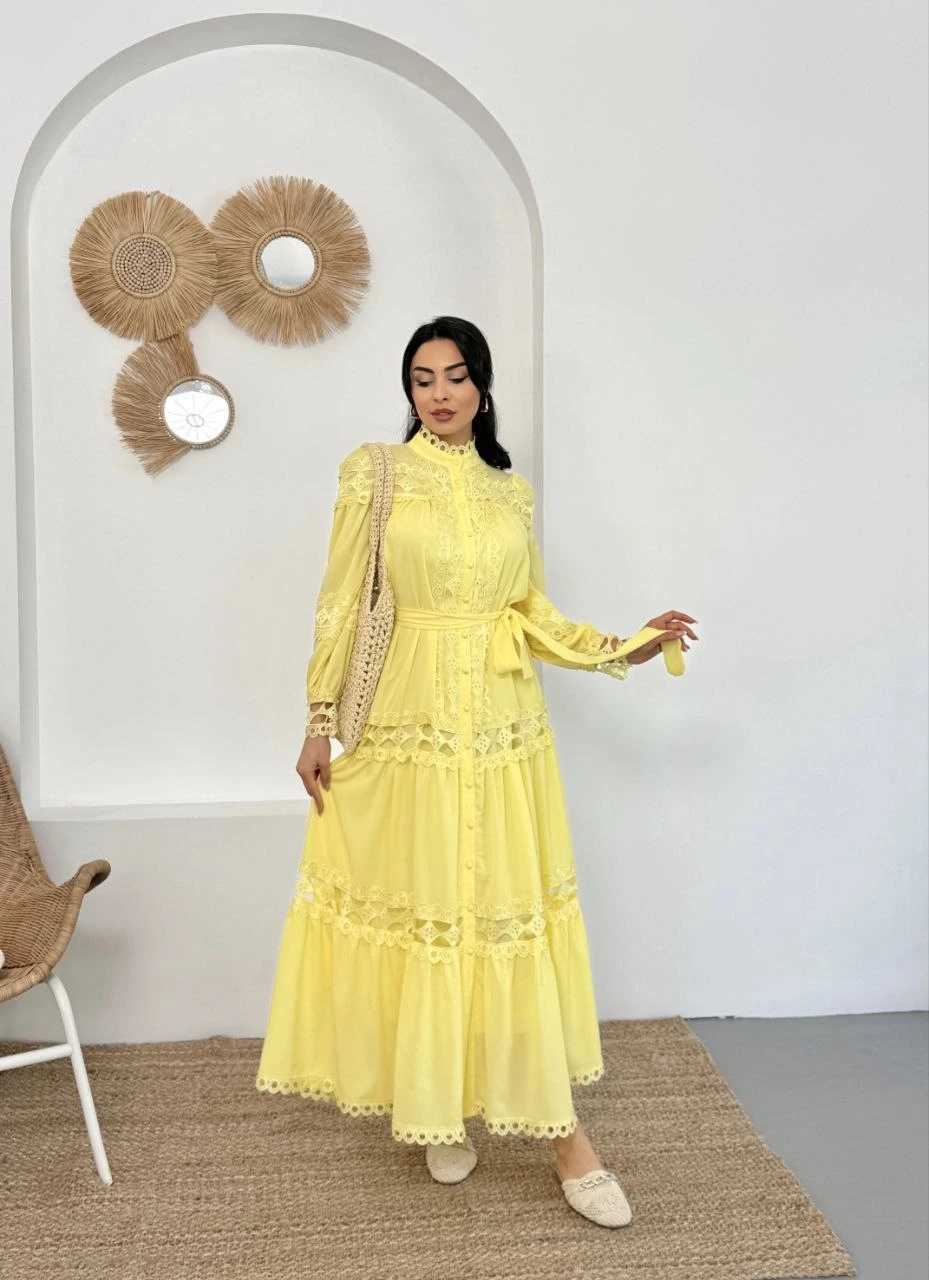 Krep Kumaş Dantel Detay Astarlı Elbise Sarı