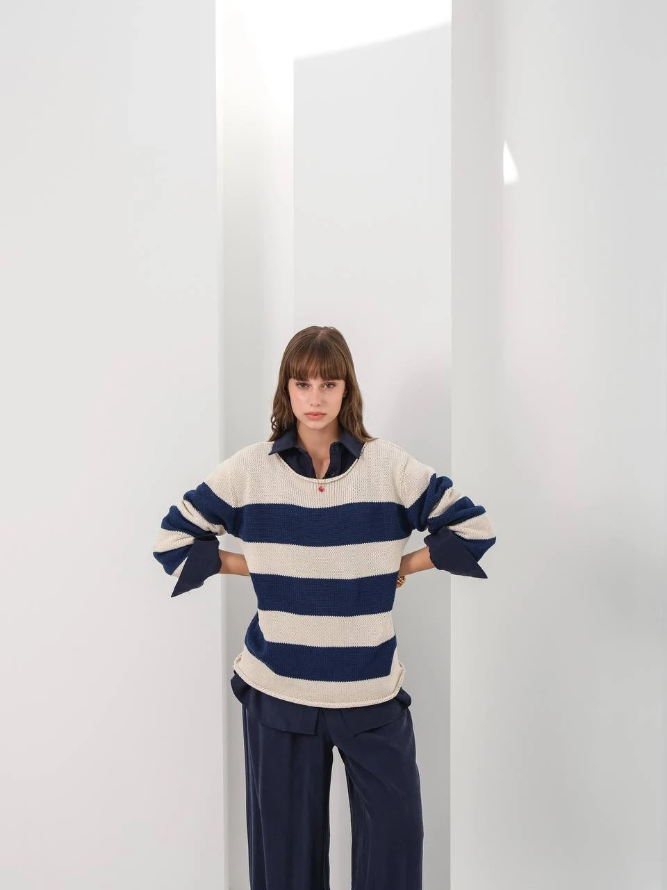 Lacivert Çizgili Pamuk Triko Kazak