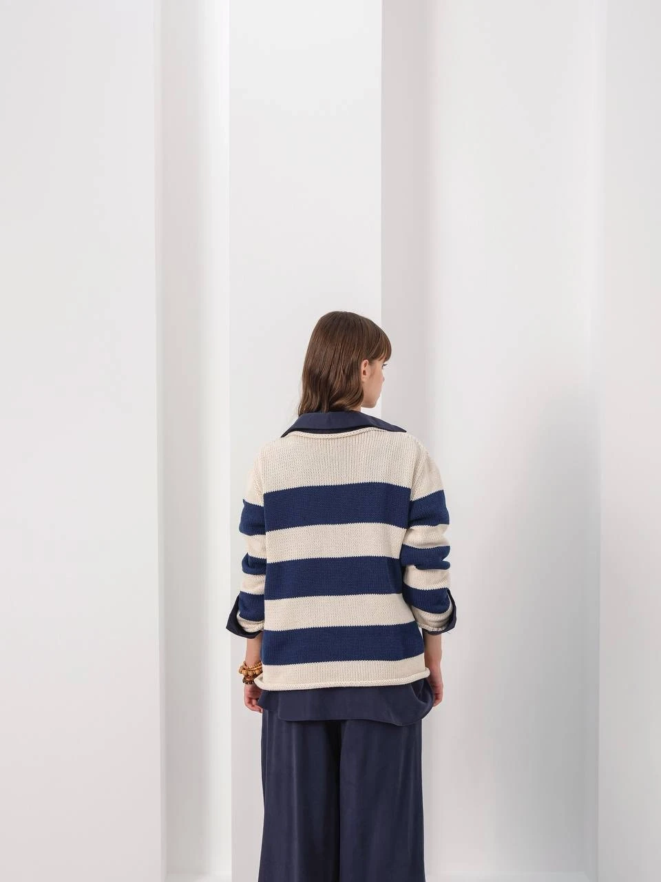 Lacivert Çizgili Pamuk Triko Kazak